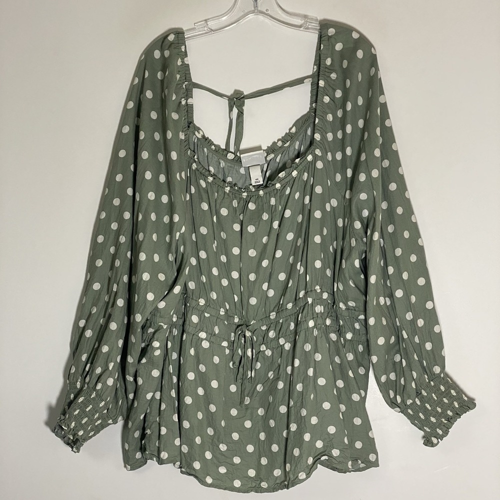 Ava & Viv Top Womens 4X Green White Polka Dot Whimsy Chic Boho Cowgirl Blouse